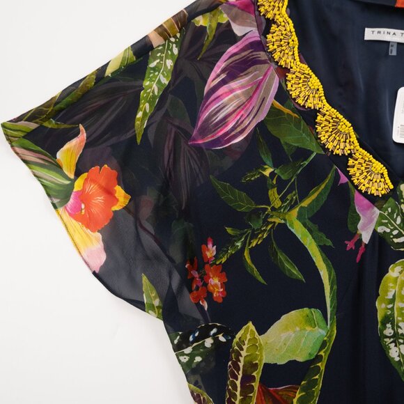 NEW TRINA TURK Navy Silk Floral Print Beaded Caftan Dress size M - Picture 7 of 11